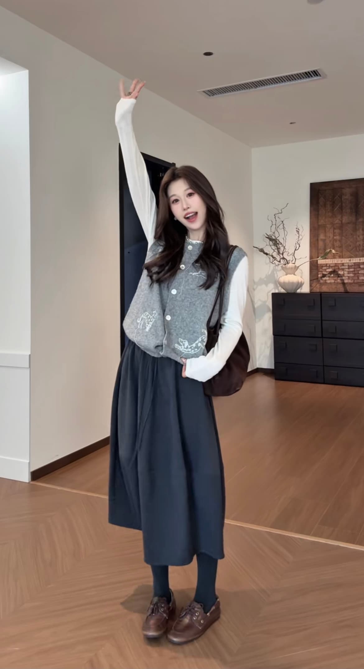 한 부서 연령 감소 만화 자수 디자인 센스 스웨터 조끼 오픈 가디건 단색 인사이드 가져 가라. 반신 스커트 3종 세트 상세 이미지 1