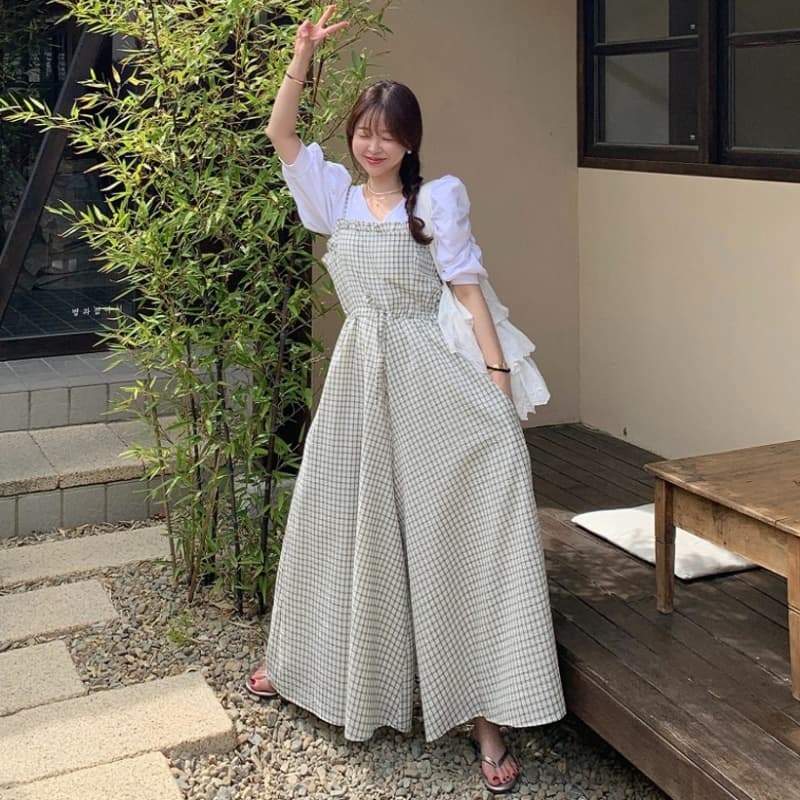 한 chic 레트로 품격 패션 프릴 체크무늬 레이스업 허리 수축 슬립 캐주얼 넓은 다리 올인원 바지 이미지 3
