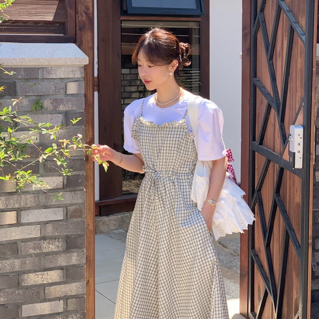한 chic 레트로 품격 패션 프릴 체크무늬 레이스업 허리 수축 슬립 캐주얼 넓은 다리 올인원 바지 이미지 4