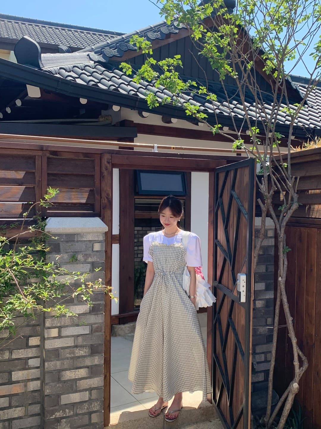 한 chic 레트로 품격 패션 프릴 체크무늬 레이스업 허리 수축 슬립 캐주얼 넓은 다리 올인원 바지 상세 이미지 3