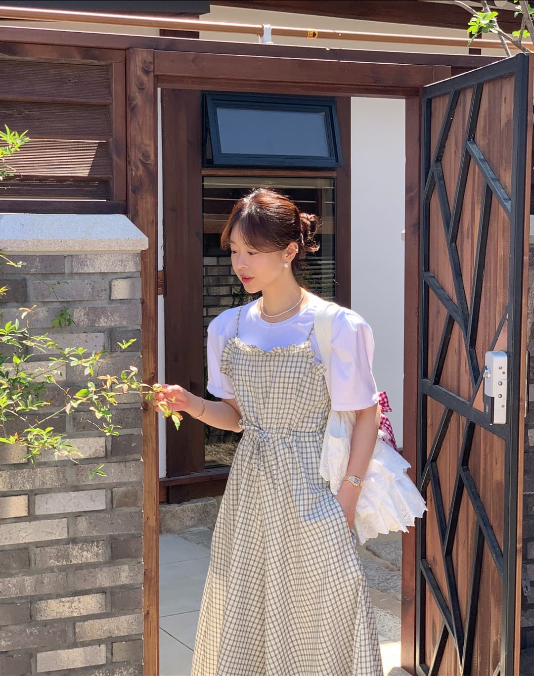 한 chic 레트로 품격 패션 프릴 체크무늬 레이스업 허리 수축 슬립 캐주얼 넓은 다리 올인원 바지 상세 이미지 4