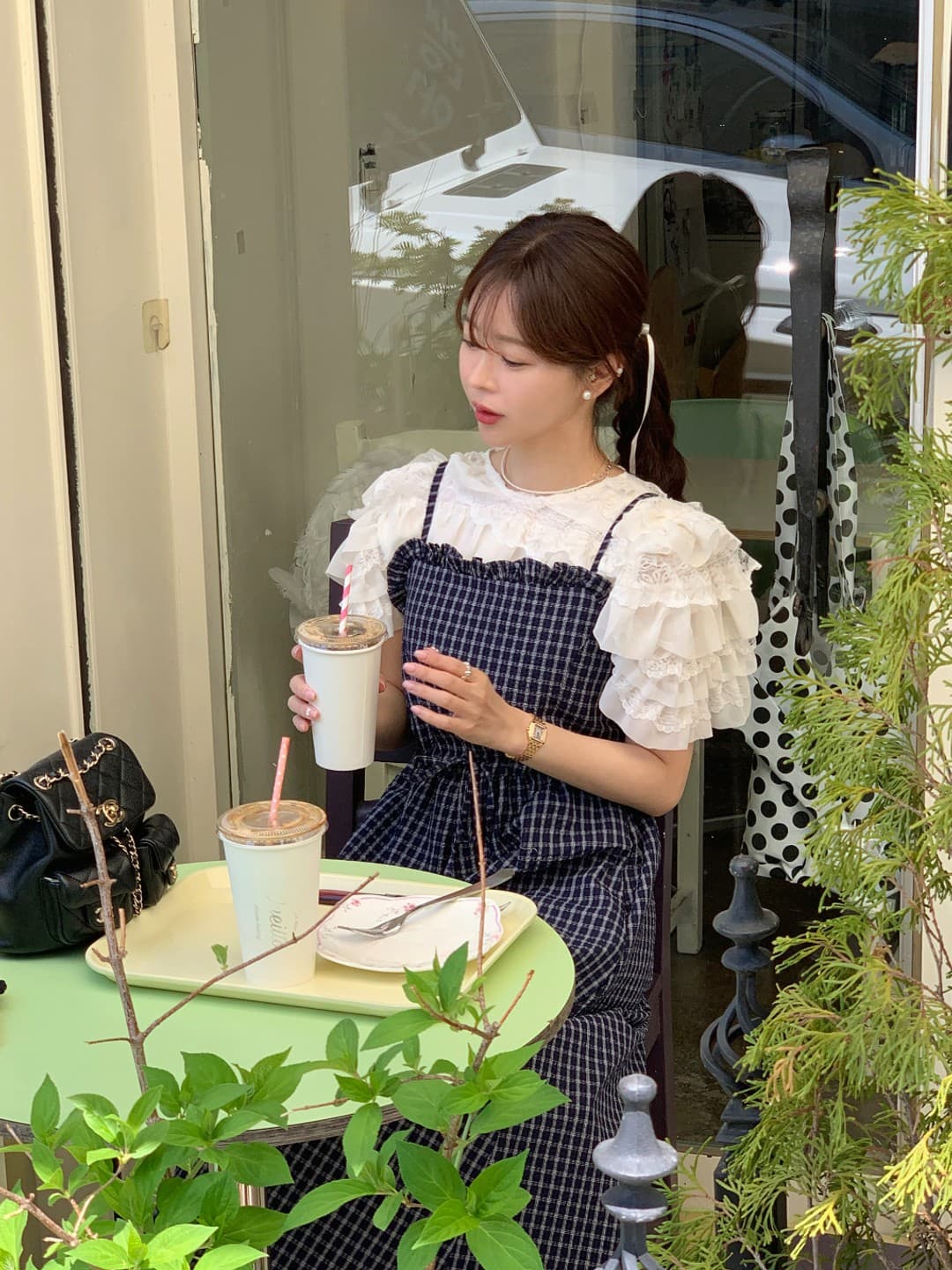 한 chic 레트로 품격 패션 프릴 체크무늬 레이스업 허리 수축 슬립 캐주얼 넓은 다리 올인원 바지 상세 이미지 32