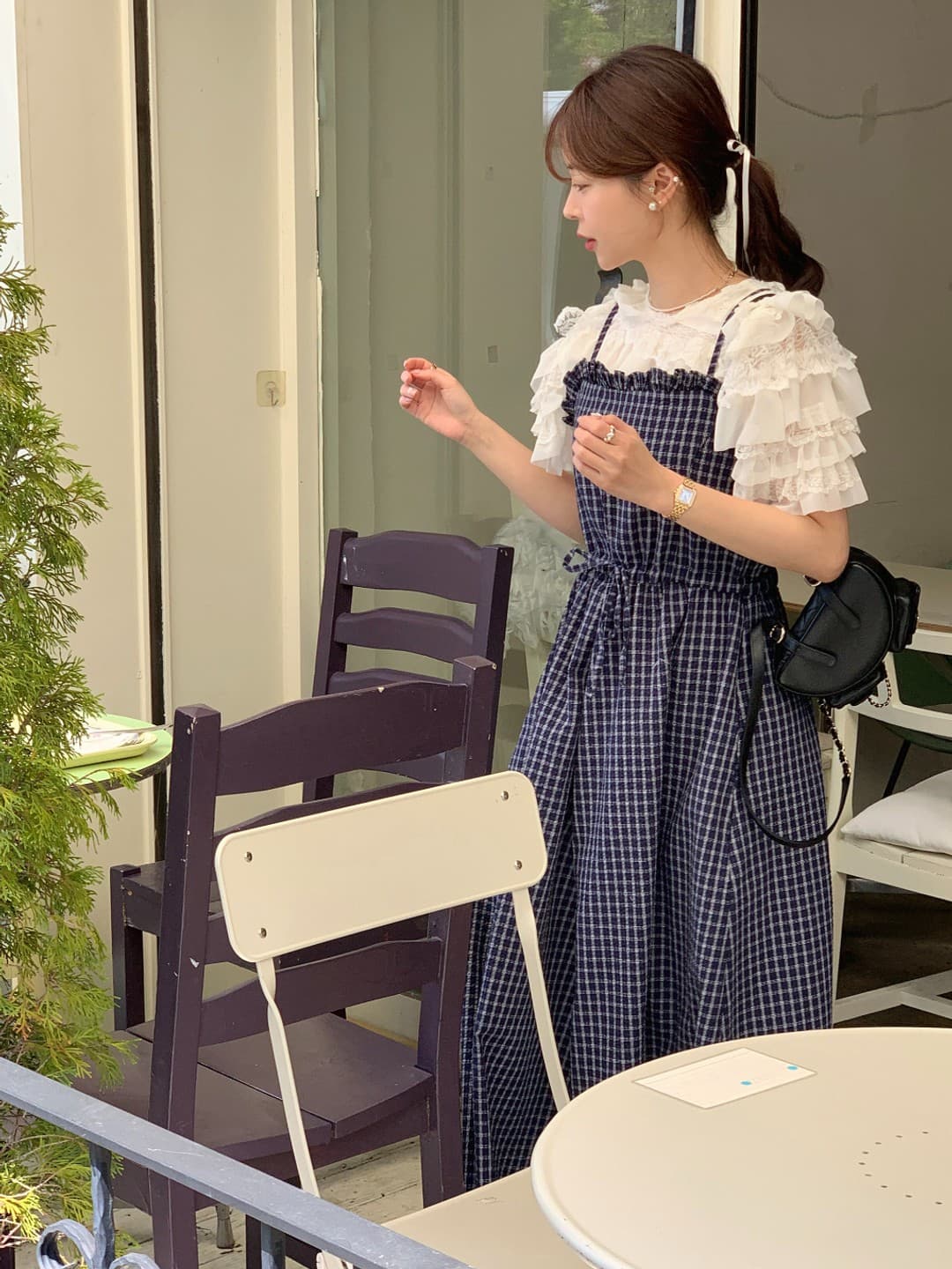 한 chic 레트로 품격 패션 프릴 체크무늬 레이스업 허리 수축 슬립 캐주얼 넓은 다리 올인원 바지 상세 이미지 36