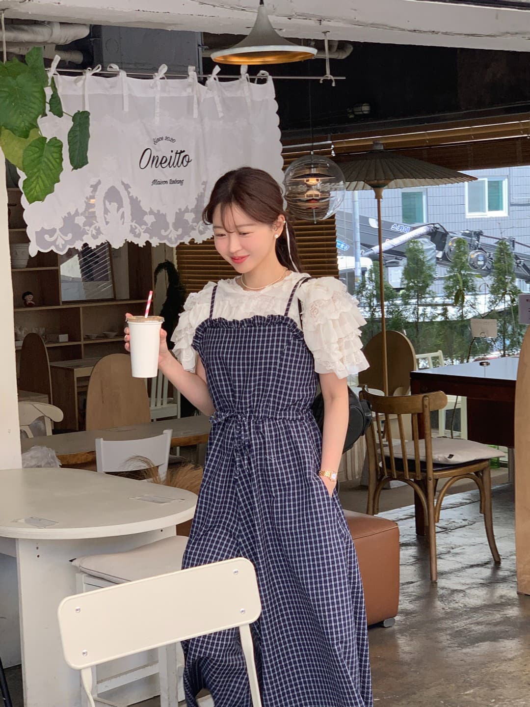 한 chic 레트로 품격 패션 프릴 체크무늬 레이스업 허리 수축 슬립 캐주얼 넓은 다리 올인원 바지 상세 이미지 41
