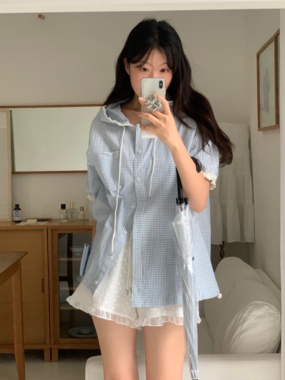 한국 ins 일본식 문예 레트로 체크무늬 후드 레이스 반팔 여성 셔츠 여름 루즈핏 슬림해 보이는 맨위 상세 이미지 2
