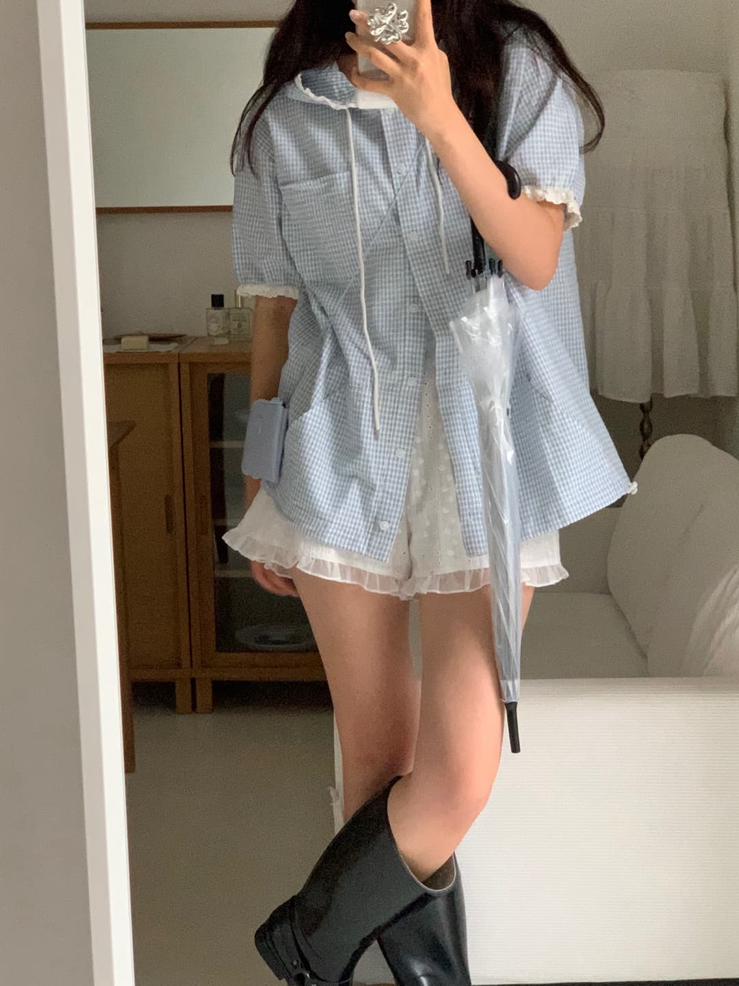 한국 ins 일본식 문예 레트로 체크무늬 후드 레이스 반팔 여성 셔츠 여름 루즈핏 슬림해 보이는 맨위 상세 이미지 5