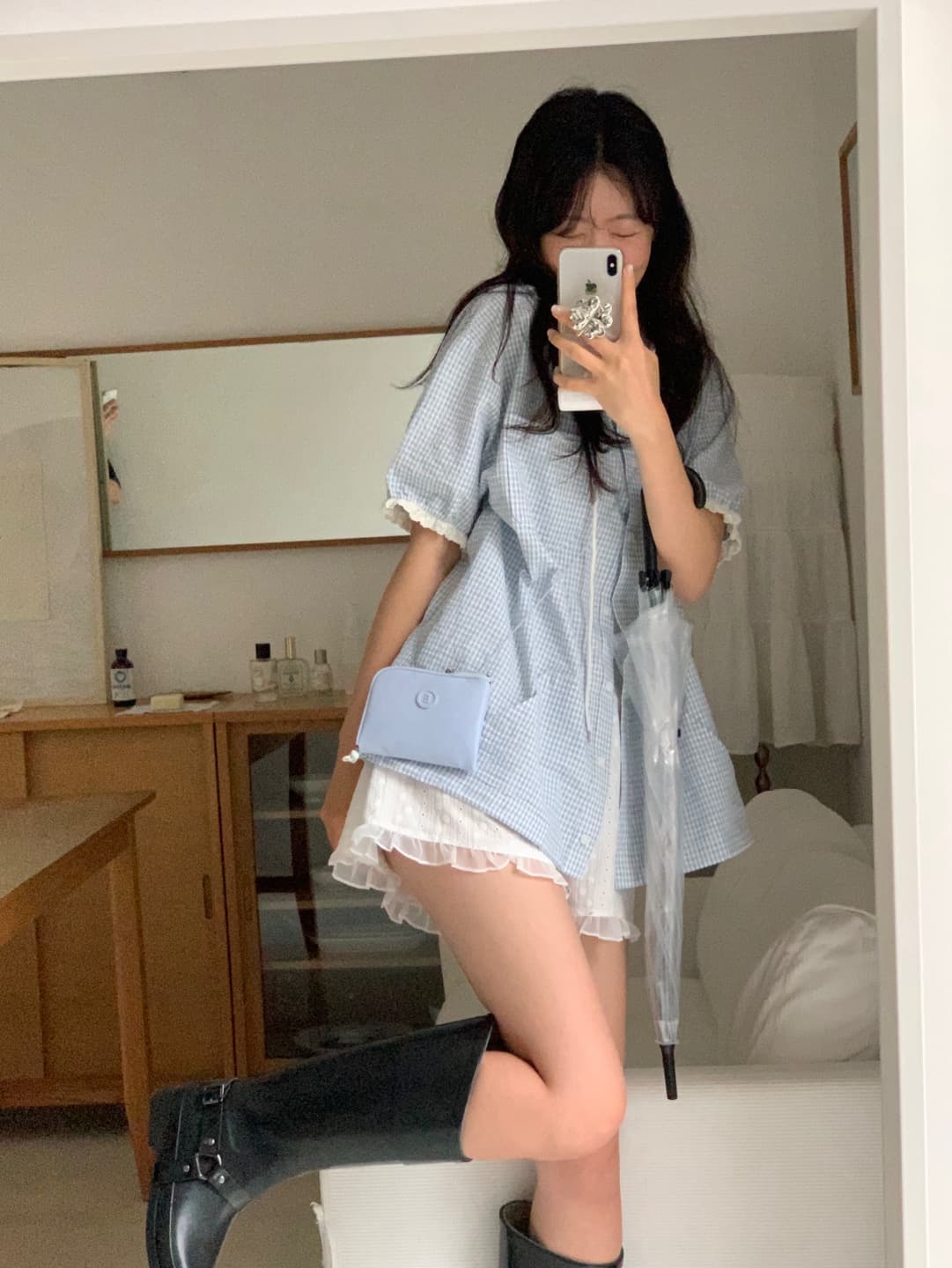 한국 ins 일본식 문예 레트로 체크무늬 후드 레이스 반팔 여성 셔츠 여름 루즈핏 슬림해 보이는 맨위 상세 이미지 9
