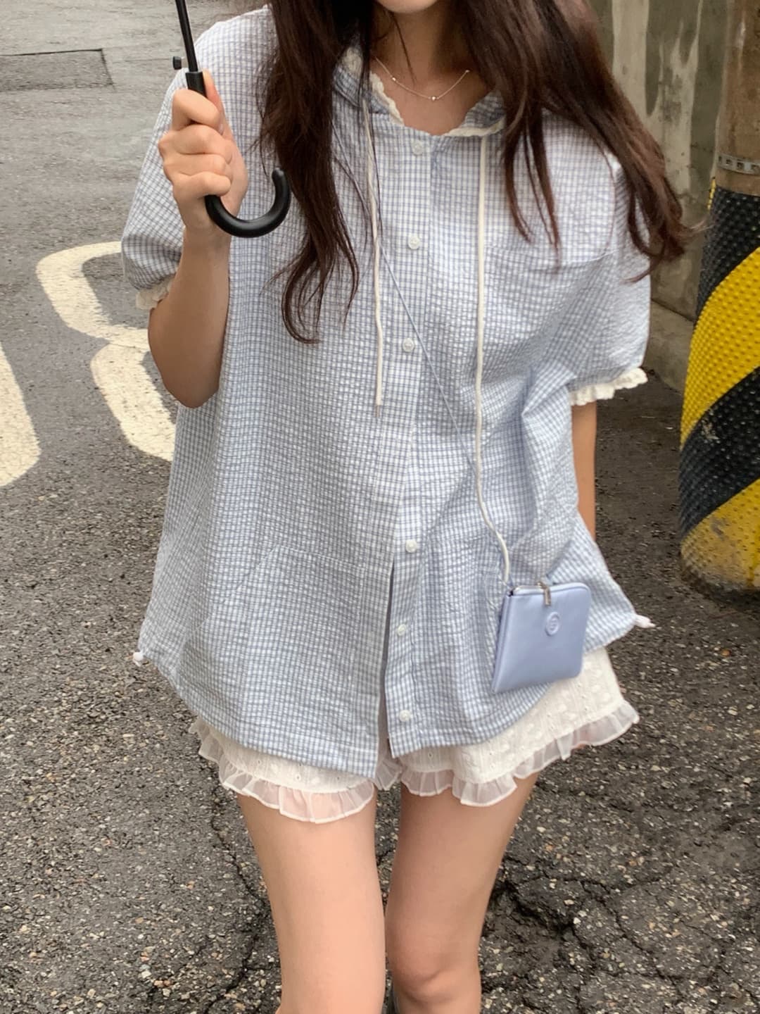 한국 ins 일본식 문예 레트로 체크무늬 후드 레이스 반팔 여성 셔츠 여름 루즈핏 슬림해 보이는 맨위 상세 이미지 19