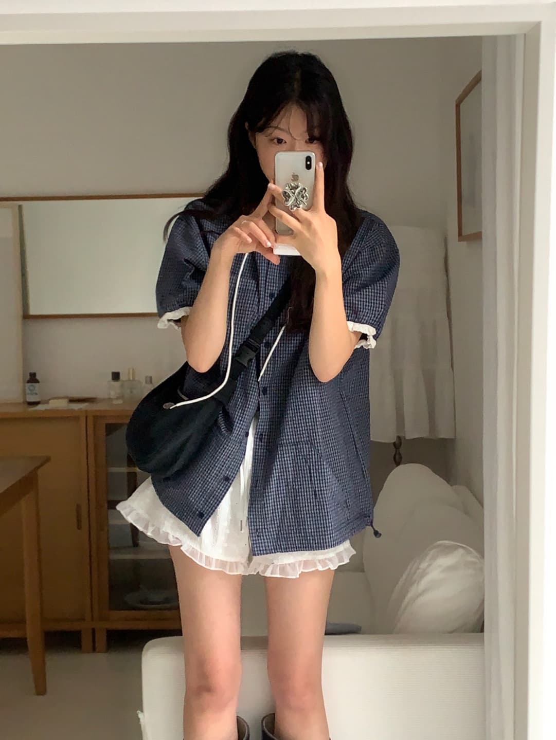 한국 ins 일본식 문예 레트로 체크무늬 후드 레이스 반팔 여성 셔츠 여름 루즈핏 슬림해 보이는 맨위 상세 이미지 26