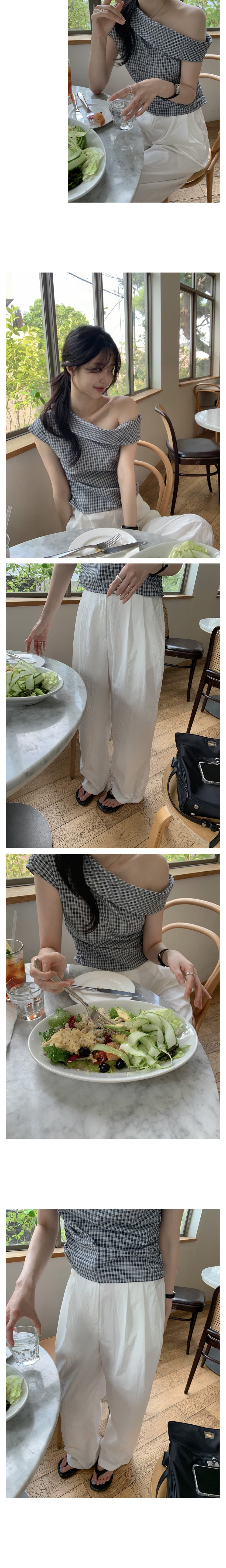 한국 chic 달콤함 소녀 세련된 다용도 디자인 센스 펌프 Pleat 비스듬한 칼라 오프숄더 체크무늬 여성 셔츠 상세 이미지 3