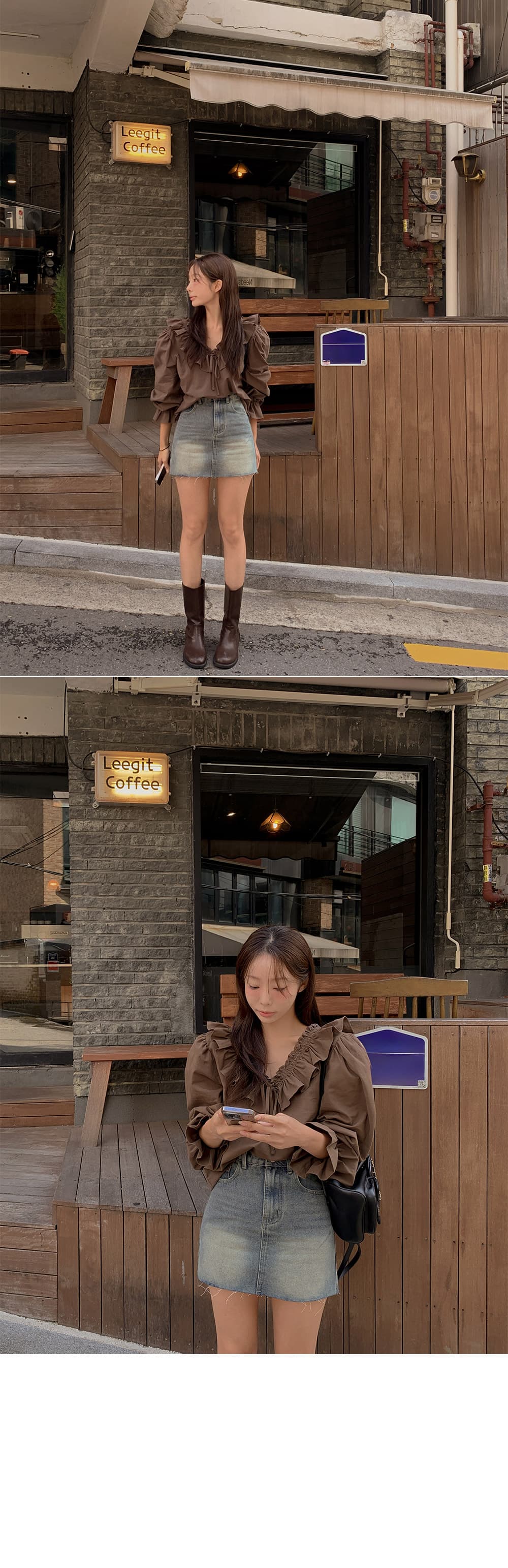 재고 있음 한국 동대문 프랑스식 품격 전후 V넥 레이스업 프릴 나팔 소매 루즈핏 셔츠 맨위 여성 상세 이미지 1