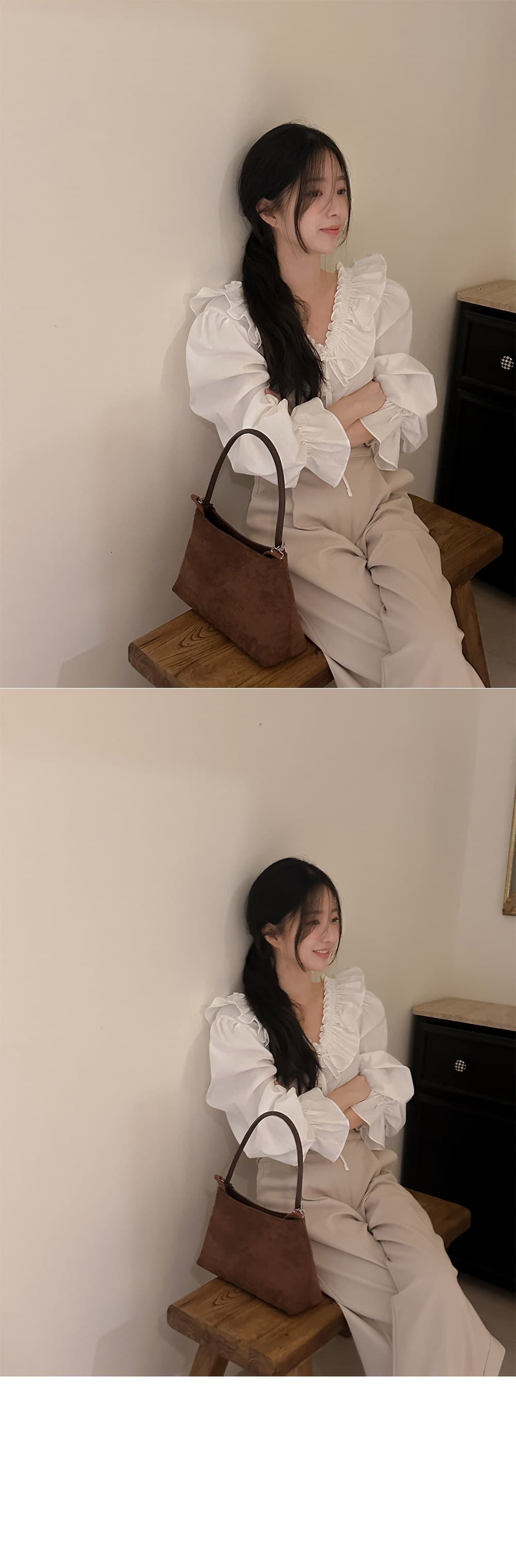 재고 있음 한국 동대문 프랑스식 품격 전후 V넥 레이스업 프릴 나팔 소매 루즈핏 셔츠 맨위 여성 상세 이미지 4