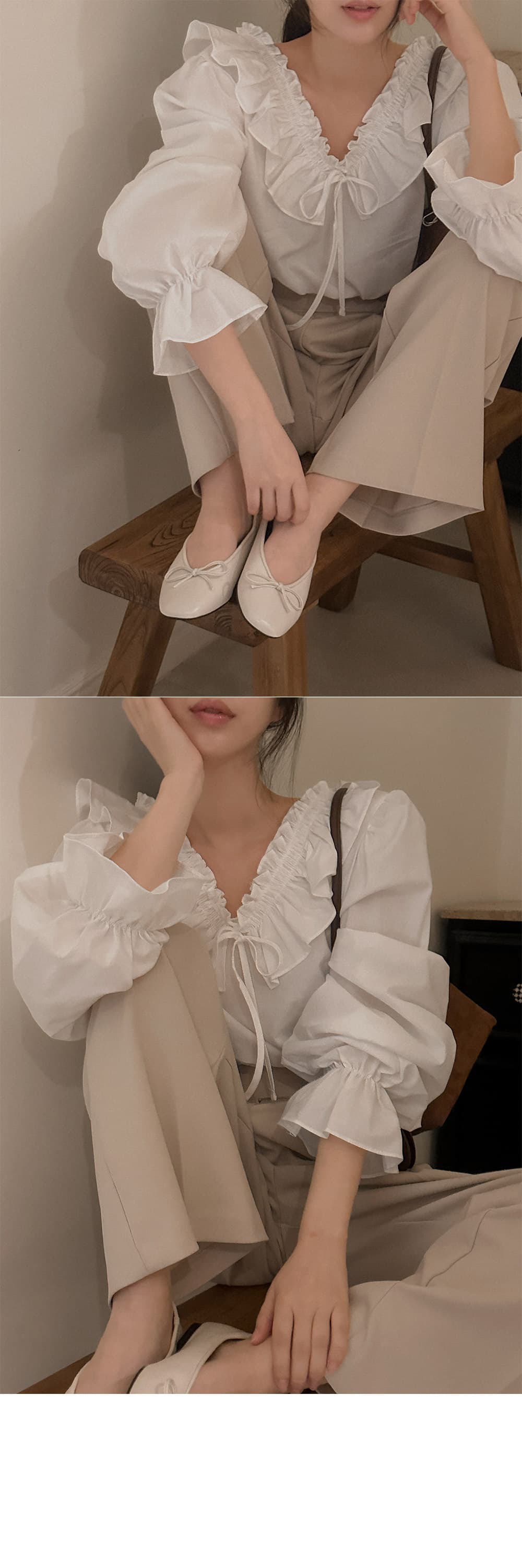 재고 있음 한국 동대문 프랑스식 품격 전후 V넥 레이스업 프릴 나팔 소매 루즈핏 셔츠 맨위 여성 상세 이미지 5
