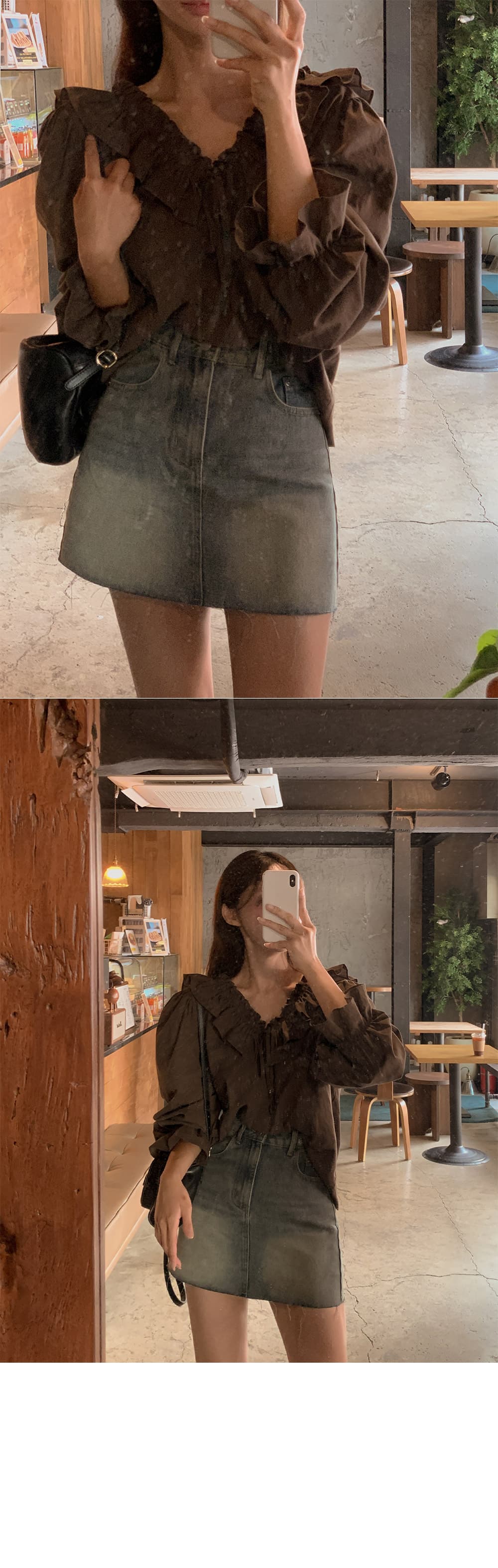 재고 있음 한국 동대문 프랑스식 품격 전후 V넥 레이스업 프릴 나팔 소매 루즈핏 셔츠 맨위 여성 상세 이미지 9
