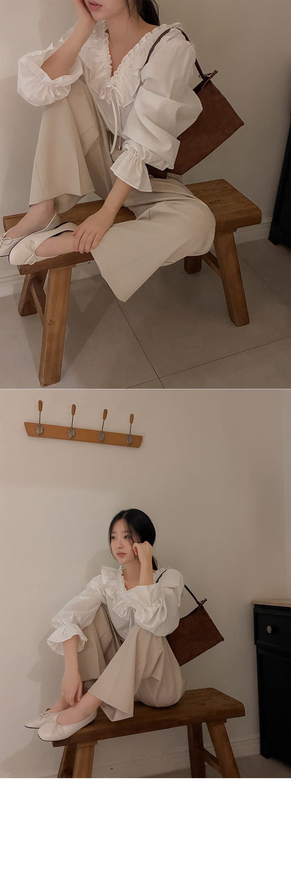 재고 있음 한국 동대문 프랑스식 품격 전후 V넥 레이스업 프릴 나팔 소매 루즈핏 셔츠 맨위 여성 상세 이미지 12