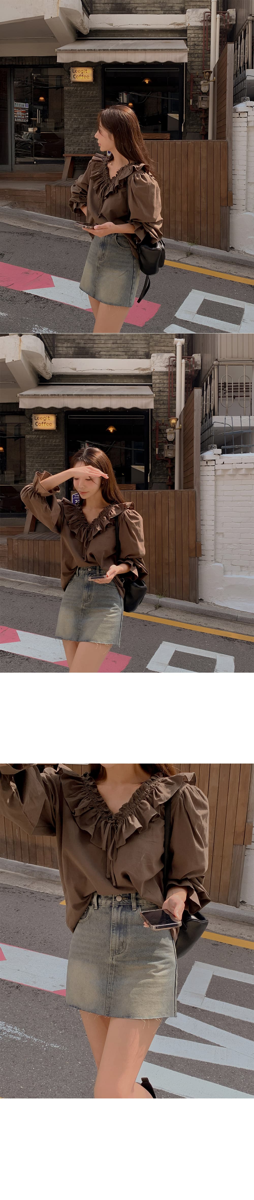 재고 있음 한국 동대문 프랑스식 품격 전후 V넥 레이스업 프릴 나팔 소매 루즈핏 셔츠 맨위 여성 상세 이미지 13