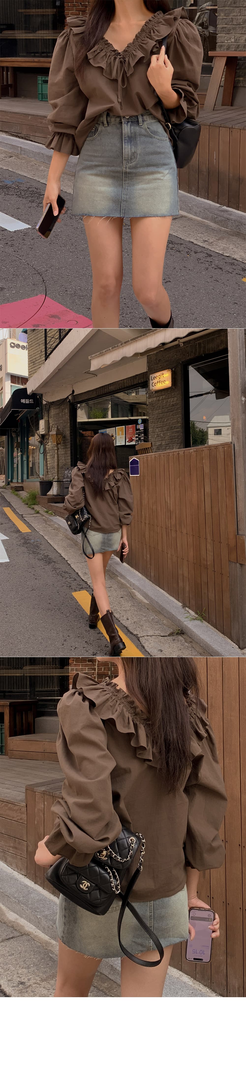 재고 있음 한국 동대문 프랑스식 품격 전후 V넥 레이스업 프릴 나팔 소매 루즈핏 셔츠 맨위 여성 상세 이미지 14