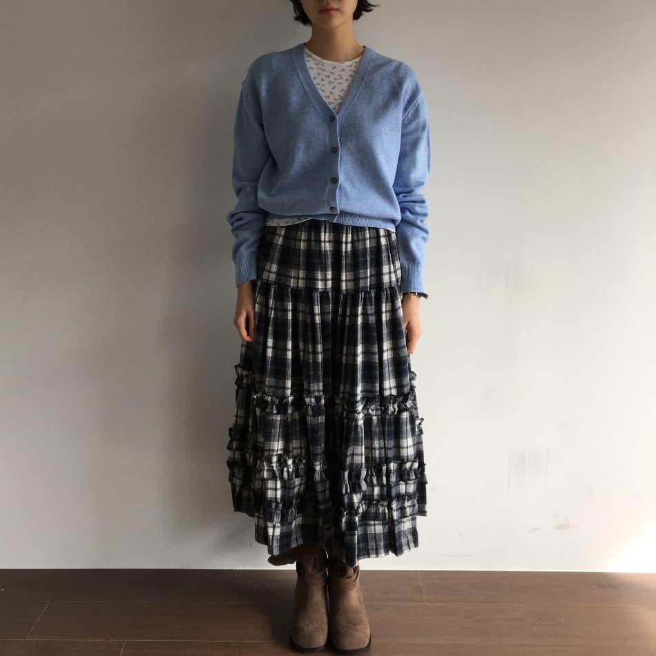 재고 있음 한국 chic 가을 레트로 체크무늬 캐주얼 학원 스타일 패치워크 프릴 중간 길이 반신 스커트 여성