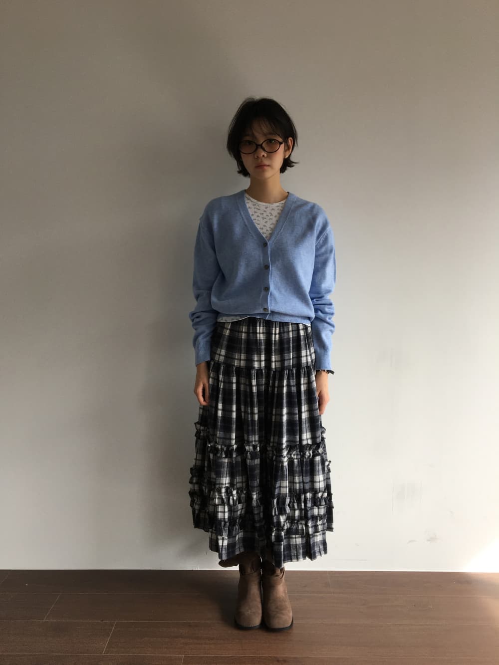 재고 있음 한국 chic 가을 레트로 체크무늬 캐주얼 학원 스타일 패치워크 프릴 중간 길이 반신 스커트 여성 상세 이미지 1