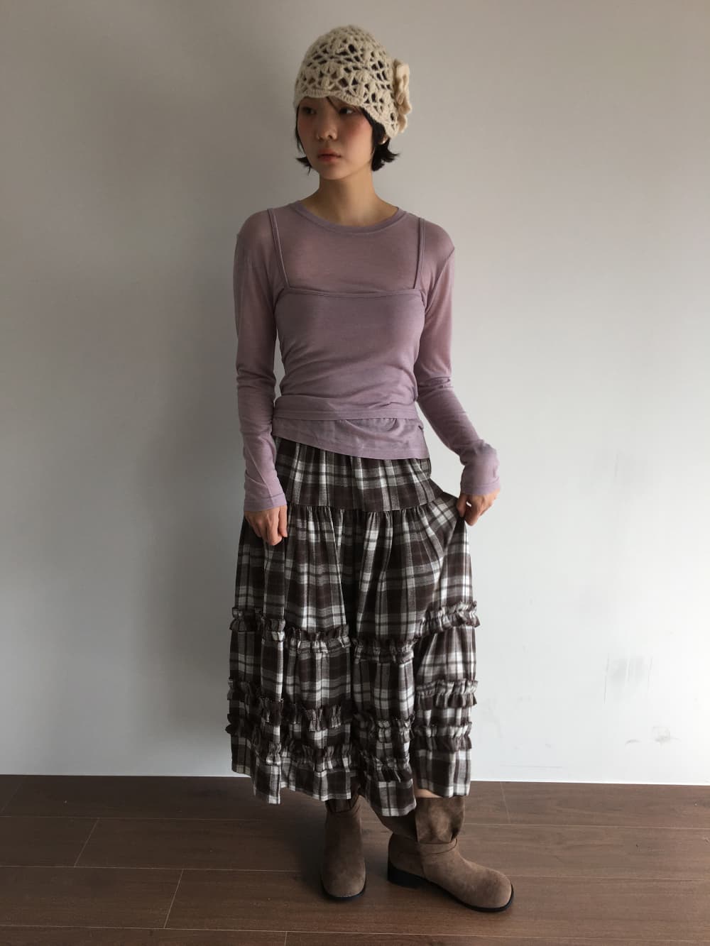 재고 있음 한국 chic 가을 레트로 체크무늬 캐주얼 학원 스타일 패치워크 프릴 중간 길이 반신 스커트 여성 상세 이미지 13