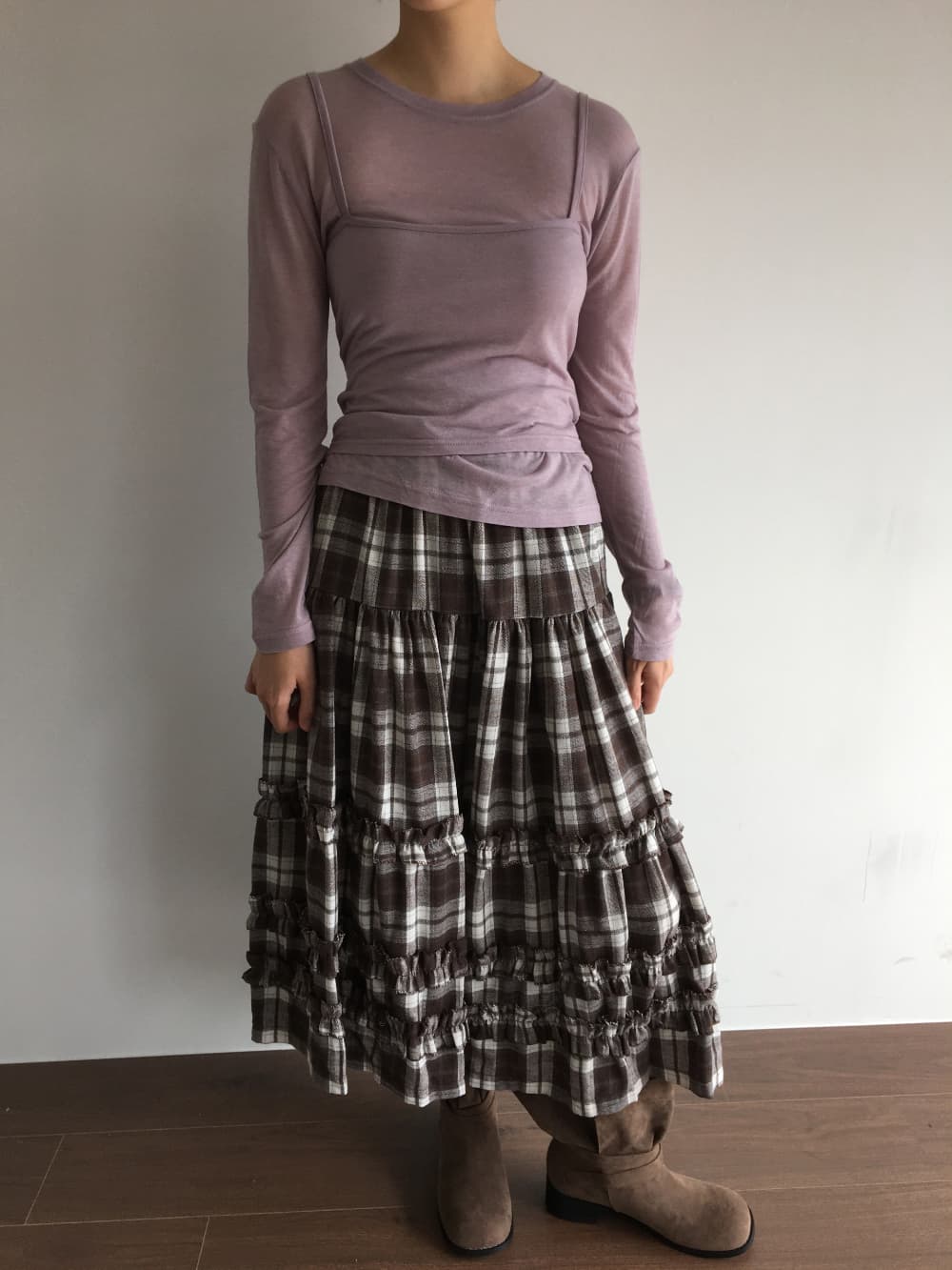 재고 있음 한국 chic 가을 레트로 체크무늬 캐주얼 학원 스타일 패치워크 프릴 중간 길이 반신 스커트 여성 상세 이미지 16