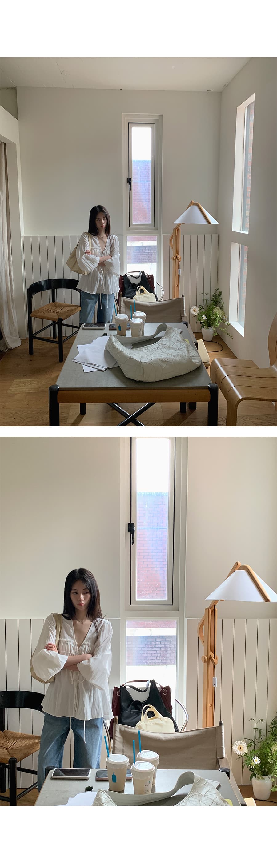 한국 ins 8 월 환영합니다. 가을 진주 암컷 만 단추 주름 V넥 긴팔 끈 셔츠 절묘한 우아함 상세 이미지 7