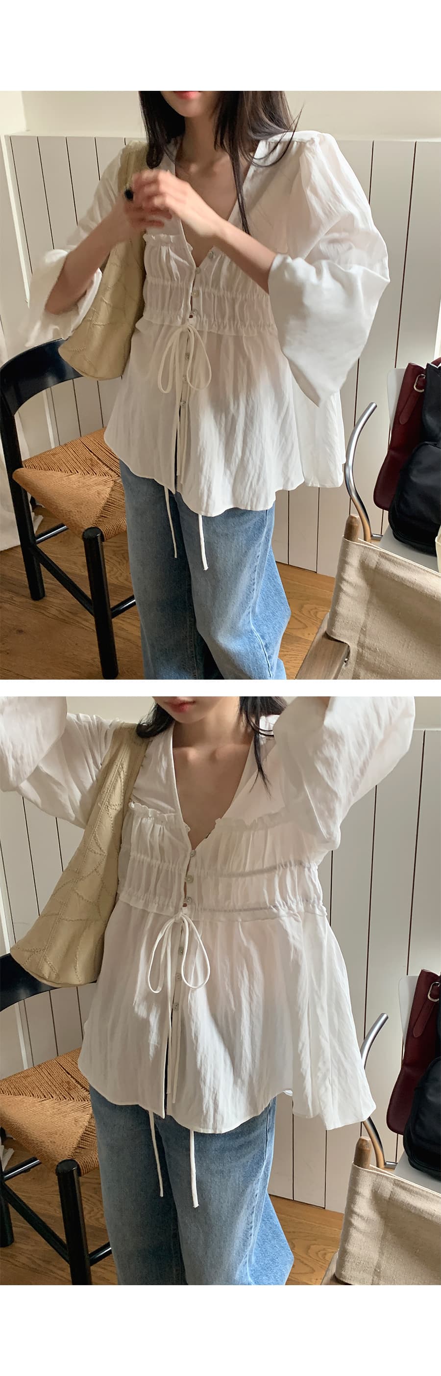 한국 ins 8 월 환영합니다. 가을 진주 암컷 만 단추 주름 V넥 긴팔 끈 셔츠 절묘한 우아함 상세 이미지 8