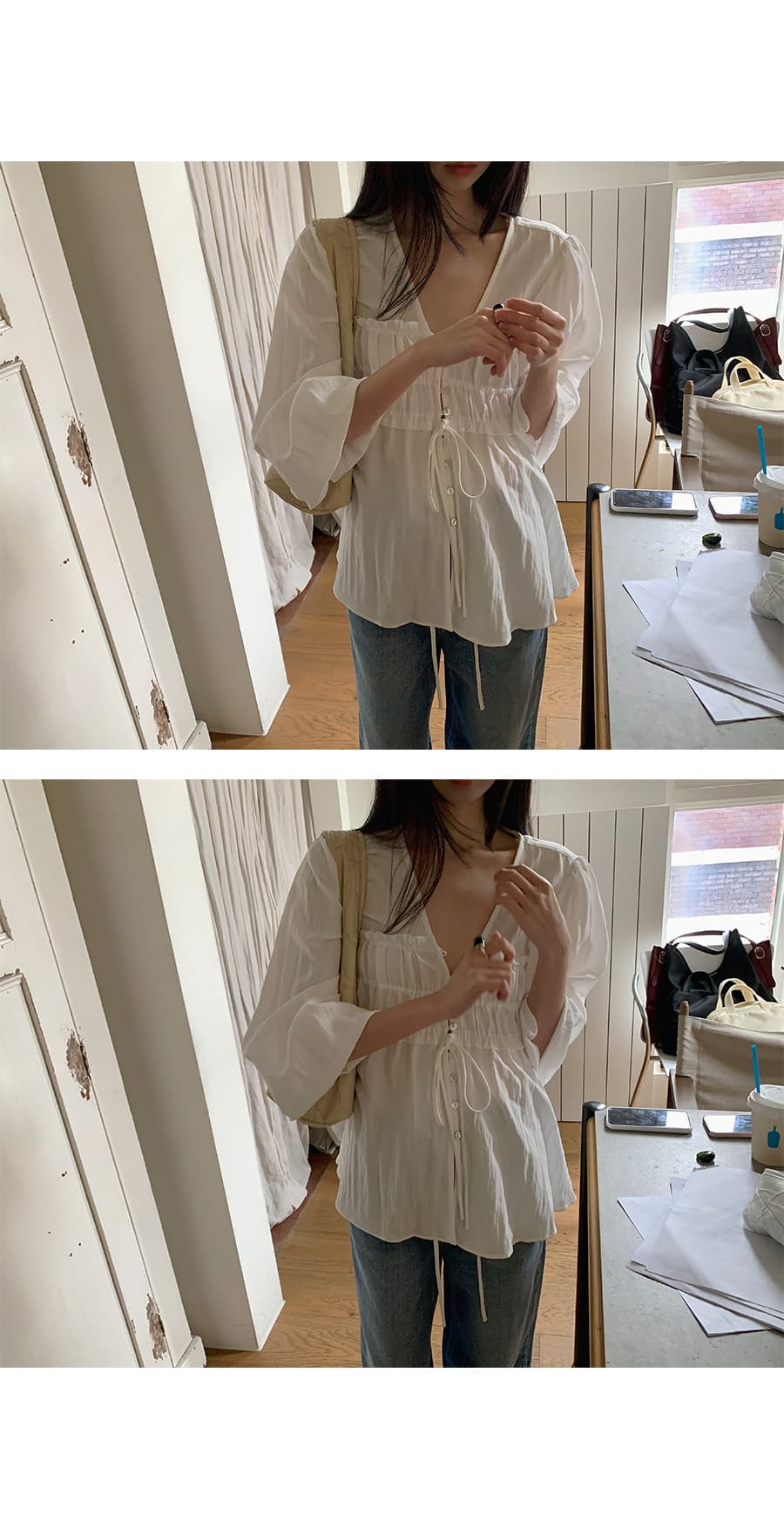 한국 ins 8 월 환영합니다. 가을 진주 암컷 만 단추 주름 V넥 긴팔 끈 셔츠 절묘한 우아함 상세 이미지 9