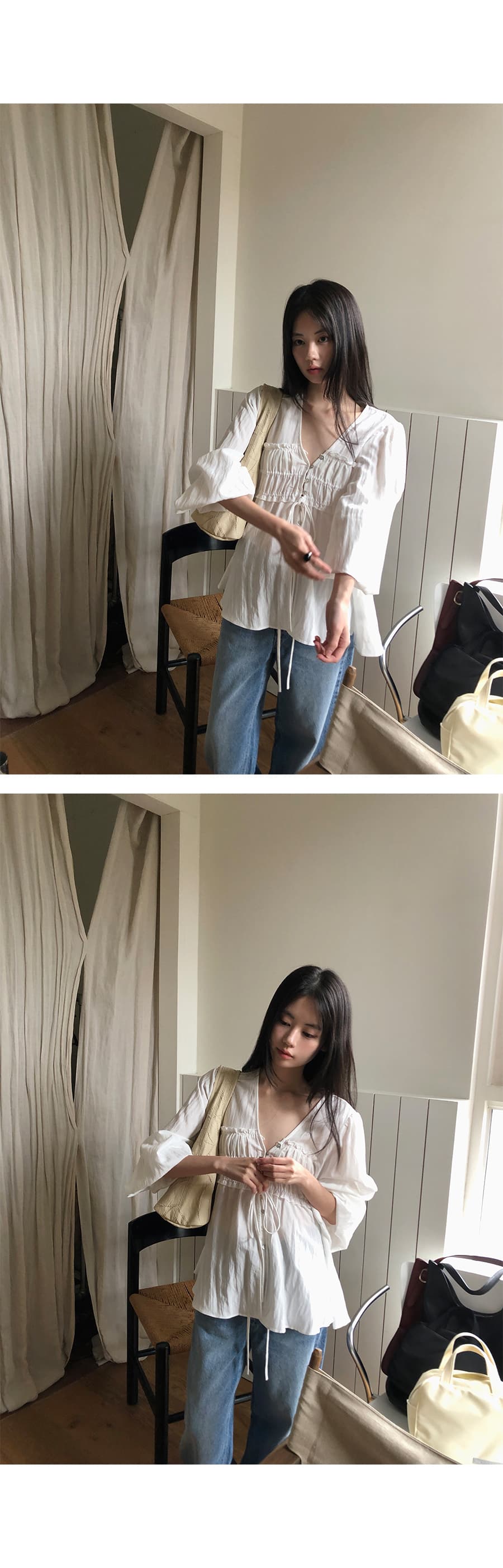 한국 ins 8 월 환영합니다. 가을 진주 암컷 만 단추 주름 V넥 긴팔 끈 셔츠 절묘한 우아함 상세 이미지 16