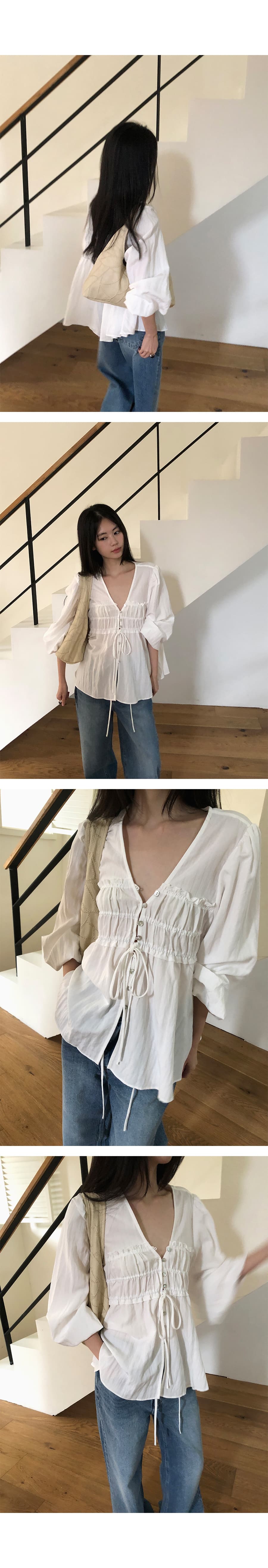 한국 ins 8 월 환영합니다. 가을 진주 암컷 만 단추 주름 V넥 긴팔 끈 셔츠 절묘한 우아함 상세 이미지 18