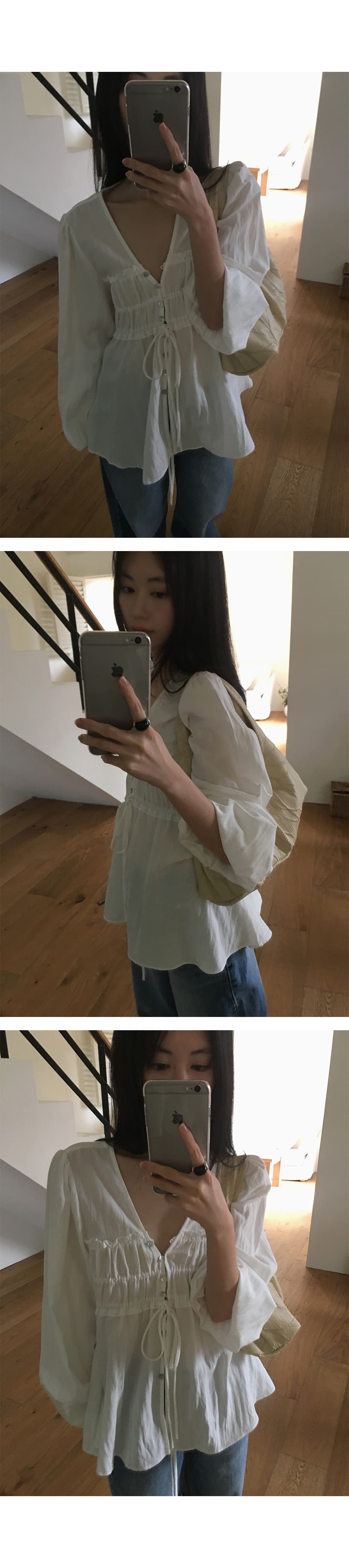 한국 ins 8 월 환영합니다. 가을 진주 암컷 만 단추 주름 V넥 긴팔 끈 셔츠 절묘한 우아함 상세 이미지 25