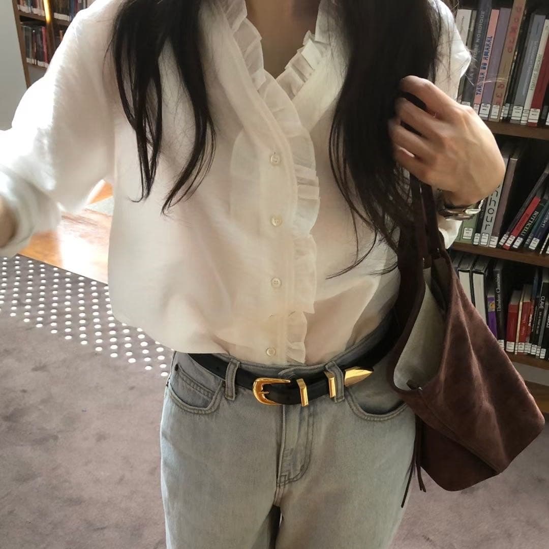 재고 있음 한국 동대문 프랑스식 품격 V넥 패션 캐주얼 프릴 긴팔 셔츠 여성 셔츠 작은 셔츠 여성