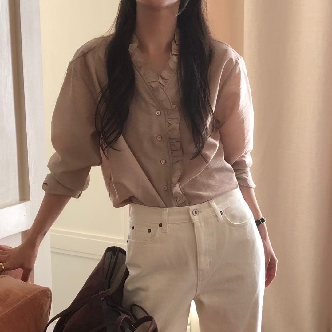 재고 있음 한국 동대문 프랑스식 품격 V넥 패션 캐주얼 프릴 긴팔 셔츠 여성 셔츠 작은 셔츠 여성 이미지 4