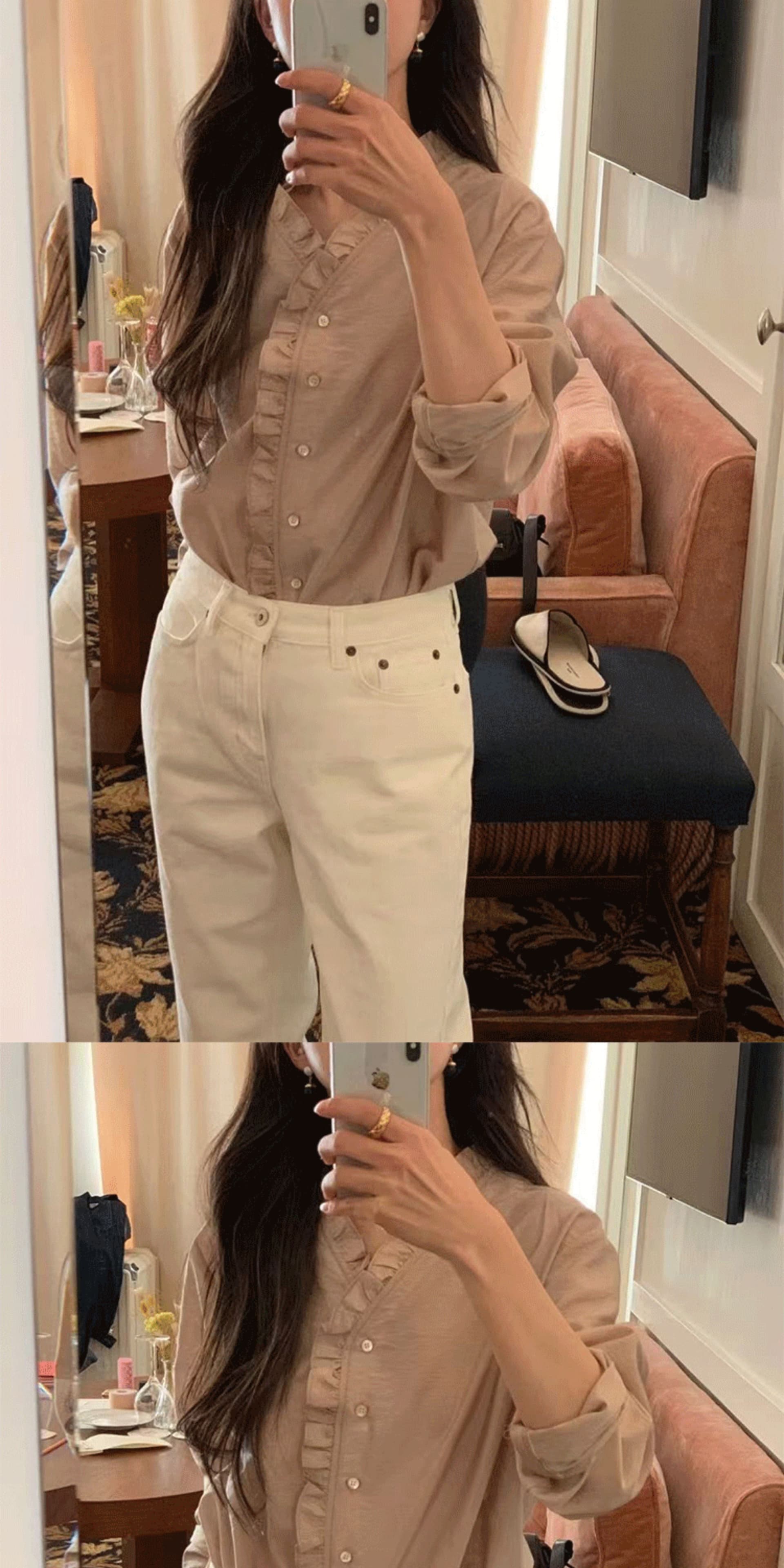 재고 있음 한국 동대문 프랑스식 품격 V넥 패션 캐주얼 프릴 긴팔 셔츠 여성 셔츠 작은 셔츠 여성 상세 이미지 6