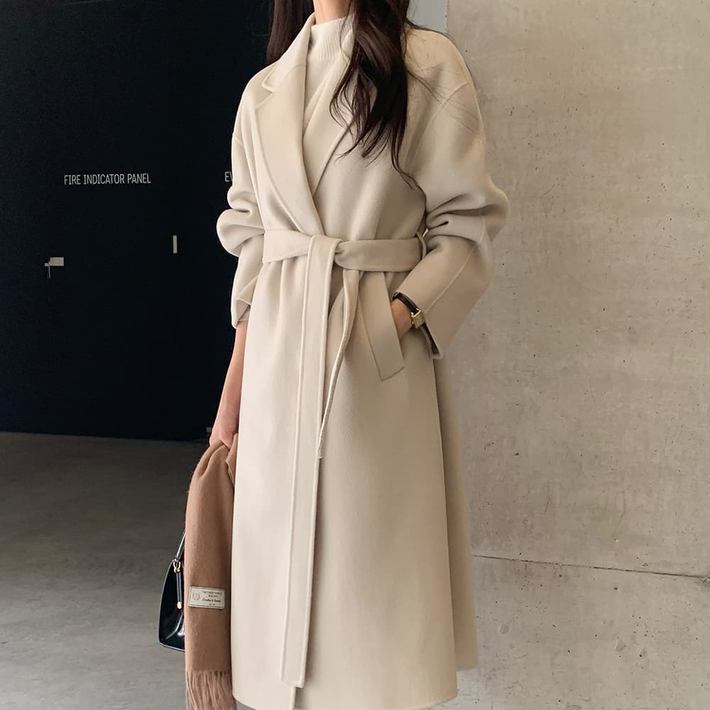 재고 있음 한국 chic 프랑스식 레트로 품격 고급 센스 루즈핏 어둠 버클 레이스업 롱 코트 모직 외투 이미지 3