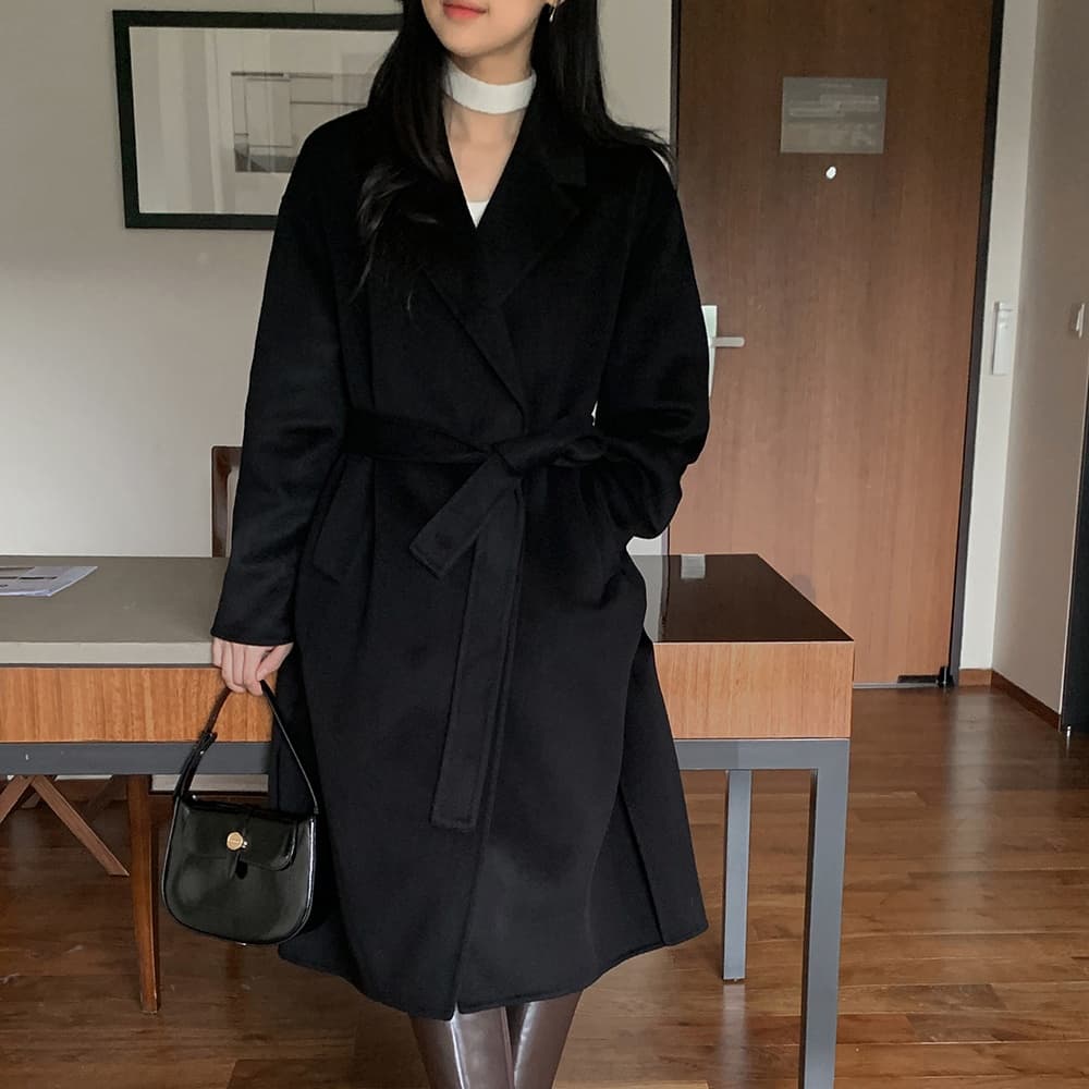 재고 있음 한국 chic 프랑스식 레트로 품격 고급 센스 루즈핏 어둠 버클 레이스업 롱 코트 모직 외투 이미지 5