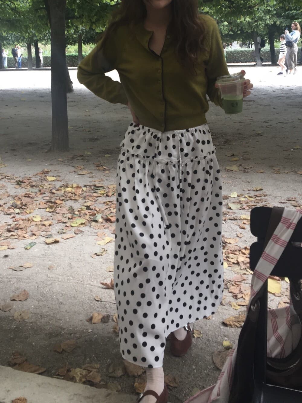 재고 있음 한국 동대문 레트로 품격 캐주얼 프릴 도트 무늬 허리밴드 레이스업 중간 길이 반신 스커트 상세 이미지 30