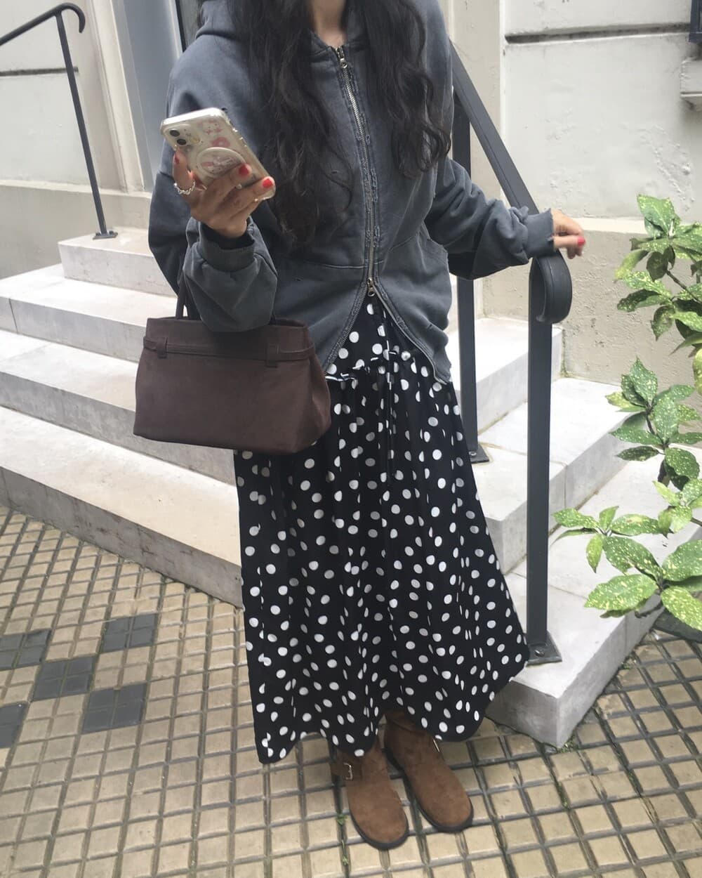 재고 있음 한국 동대문 레트로 품격 캐주얼 프릴 도트 무늬 허리밴드 레이스업 중간 길이 반신 스커트 상세 이미지 54