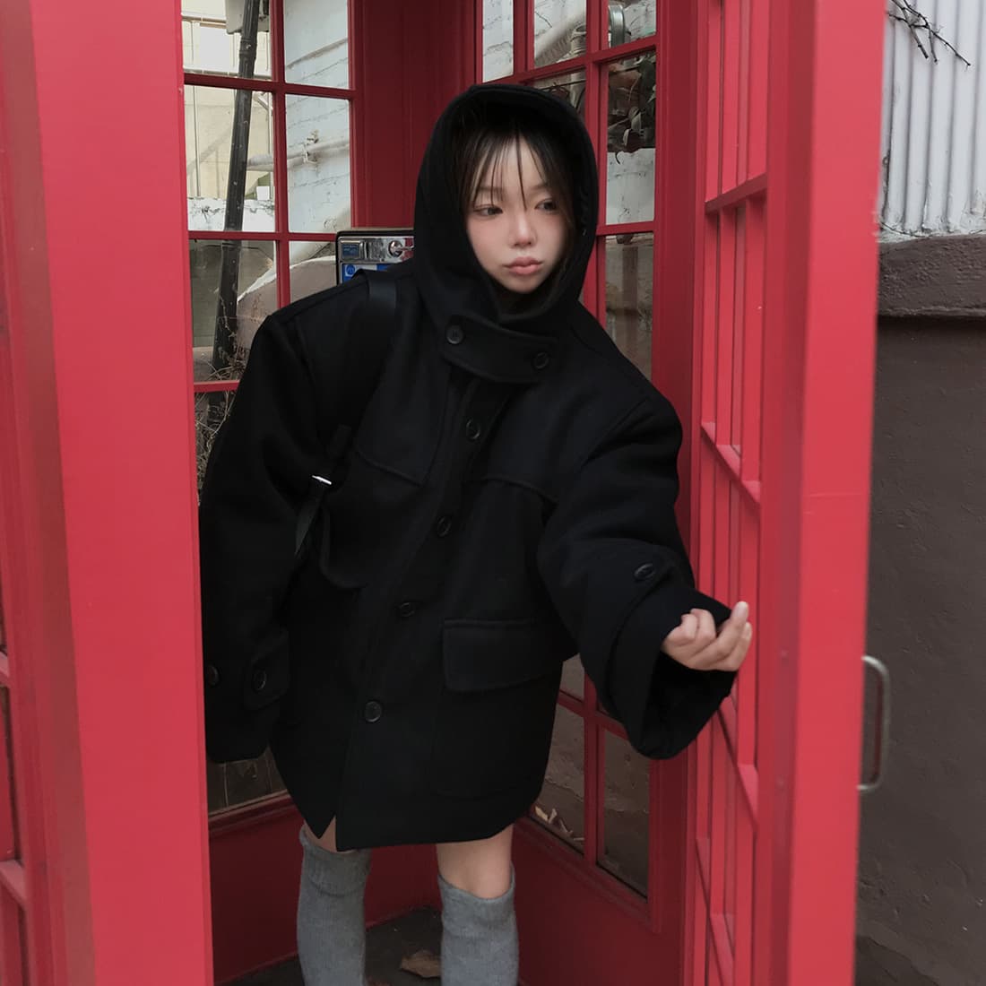 재고 있음 한국 chic 레트로 품격 캐주얼 겨울 후드 보온 빅 포켓 쇼트 스타일 코트 모직 외투 이미지 3