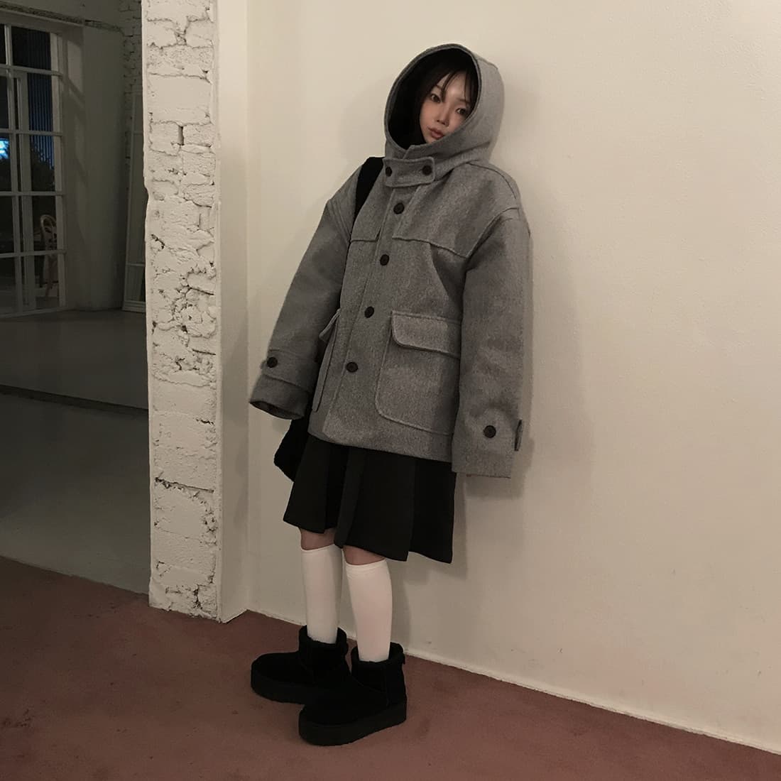 재고 있음 한국 chic 레트로 품격 캐주얼 겨울 후드 보온 빅 포켓 쇼트 스타일 코트 모직 외투 이미지 5