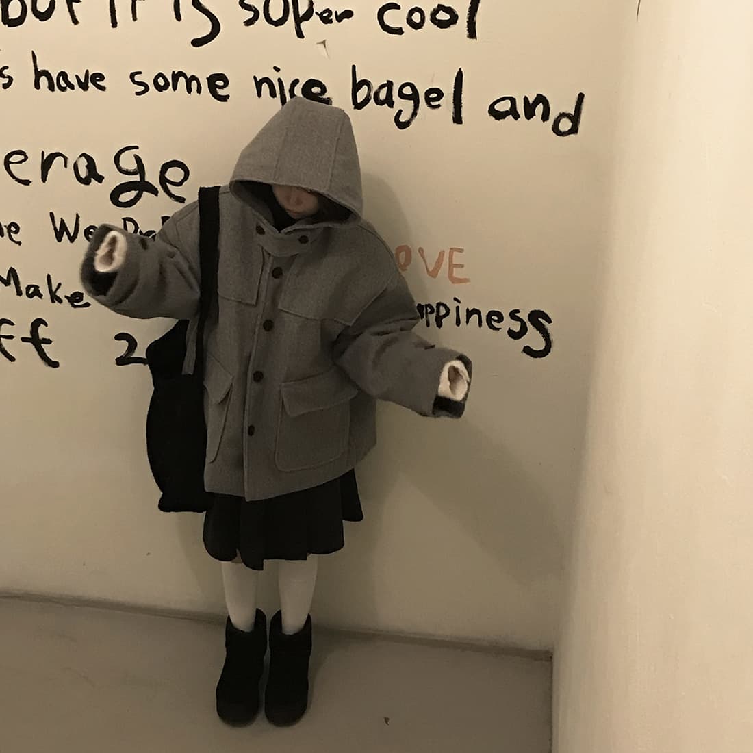 재고 있음 한국 chic 레트로 품격 캐주얼 겨울 후드 보온 빅 포켓 쇼트 스타일 코트 모직 외투 상세 이미지 4