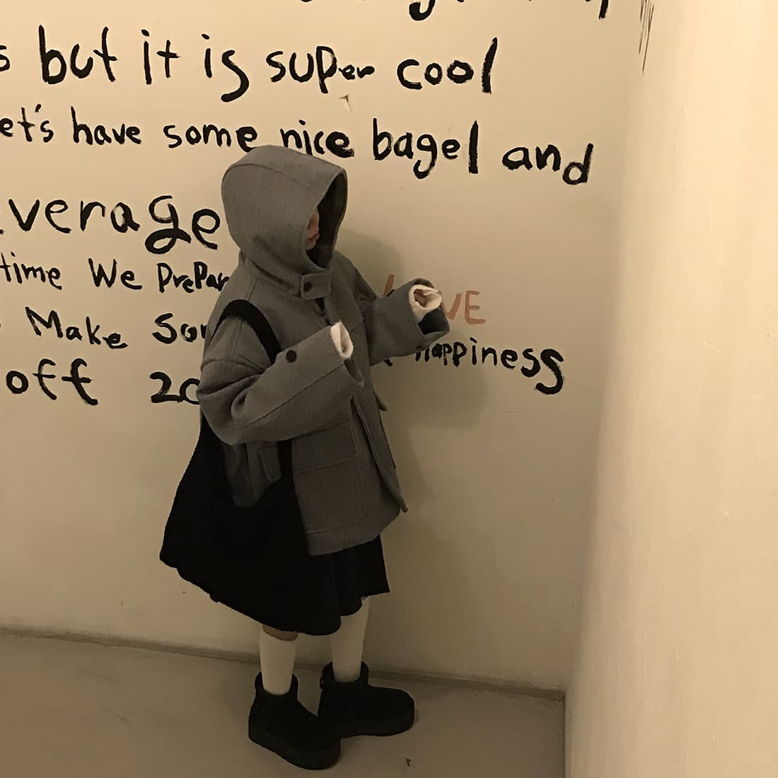 재고 있음 한국 chic 레트로 품격 캐주얼 겨울 후드 보온 빅 포켓 쇼트 스타일 코트 모직 외투 상세 이미지 5