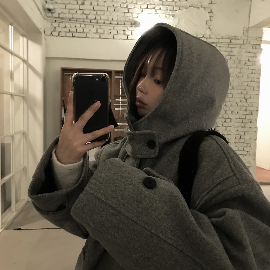 재고 있음 한국 chic 레트로 품격 캐주얼 겨울 후드 보온 빅 포켓 쇼트 스타일 코트 모직 외투 상세 이미지 9