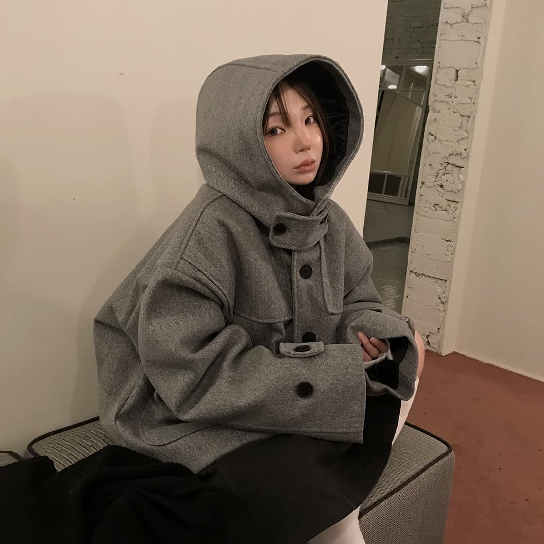 재고 있음 한국 chic 레트로 품격 캐주얼 겨울 후드 보온 빅 포켓 쇼트 스타일 코트 모직 외투 상세 이미지 17