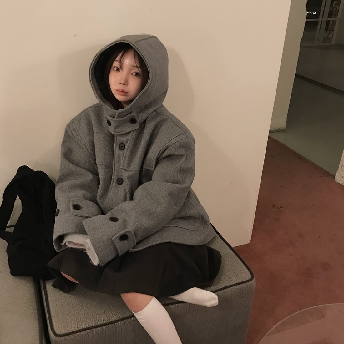 재고 있음 한국 chic 레트로 품격 캐주얼 겨울 후드 보온 빅 포켓 쇼트 스타일 코트 모직 외투 상세 이미지 18