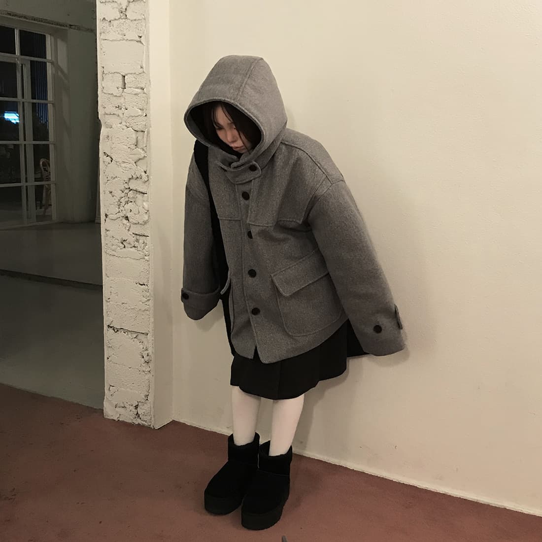 재고 있음 한국 chic 레트로 품격 캐주얼 겨울 후드 보온 빅 포켓 쇼트 스타일 코트 모직 외투 상세 이미지 25