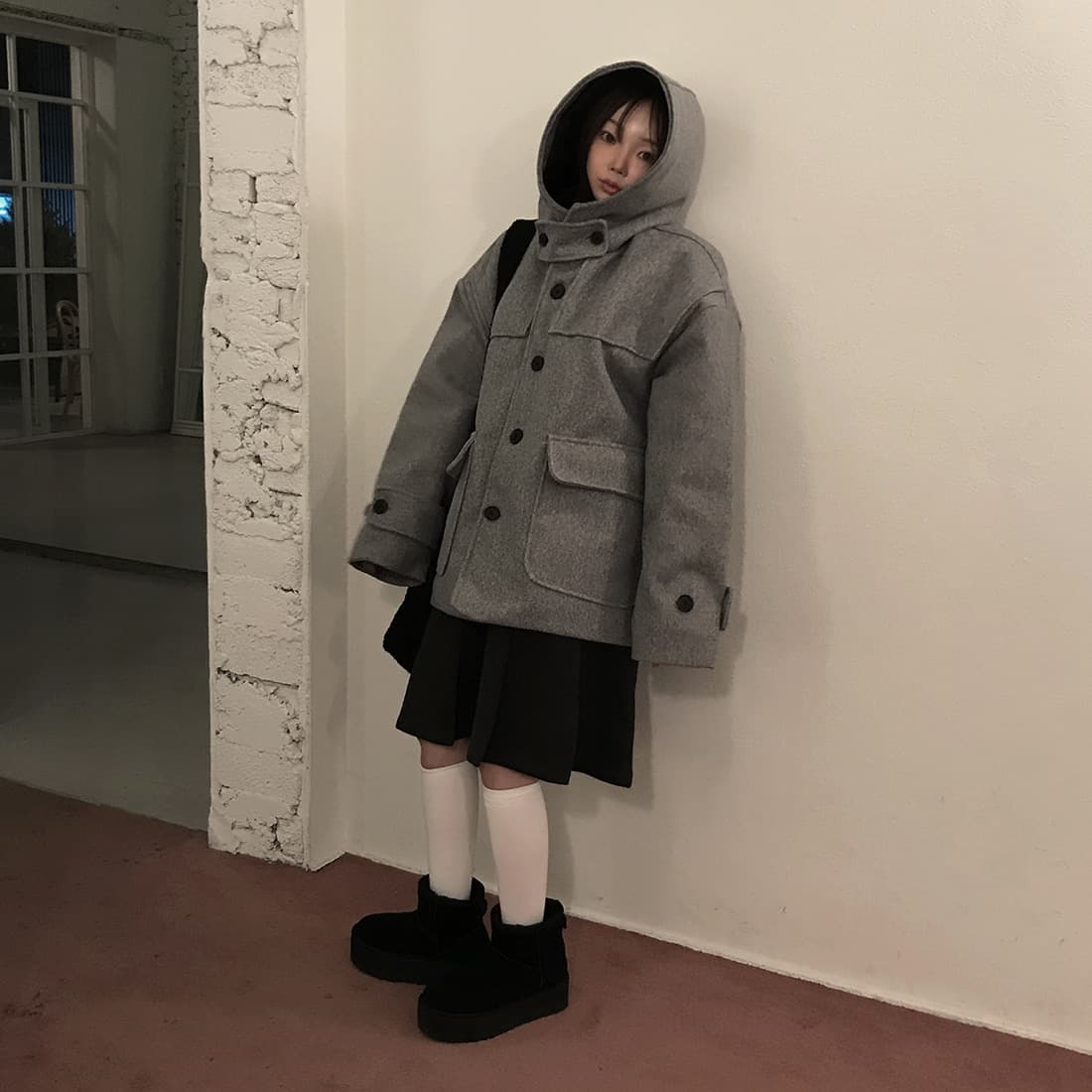 재고 있음 한국 chic 레트로 품격 캐주얼 겨울 후드 보온 빅 포켓 쇼트 스타일 코트 모직 외투 상세 이미지 26