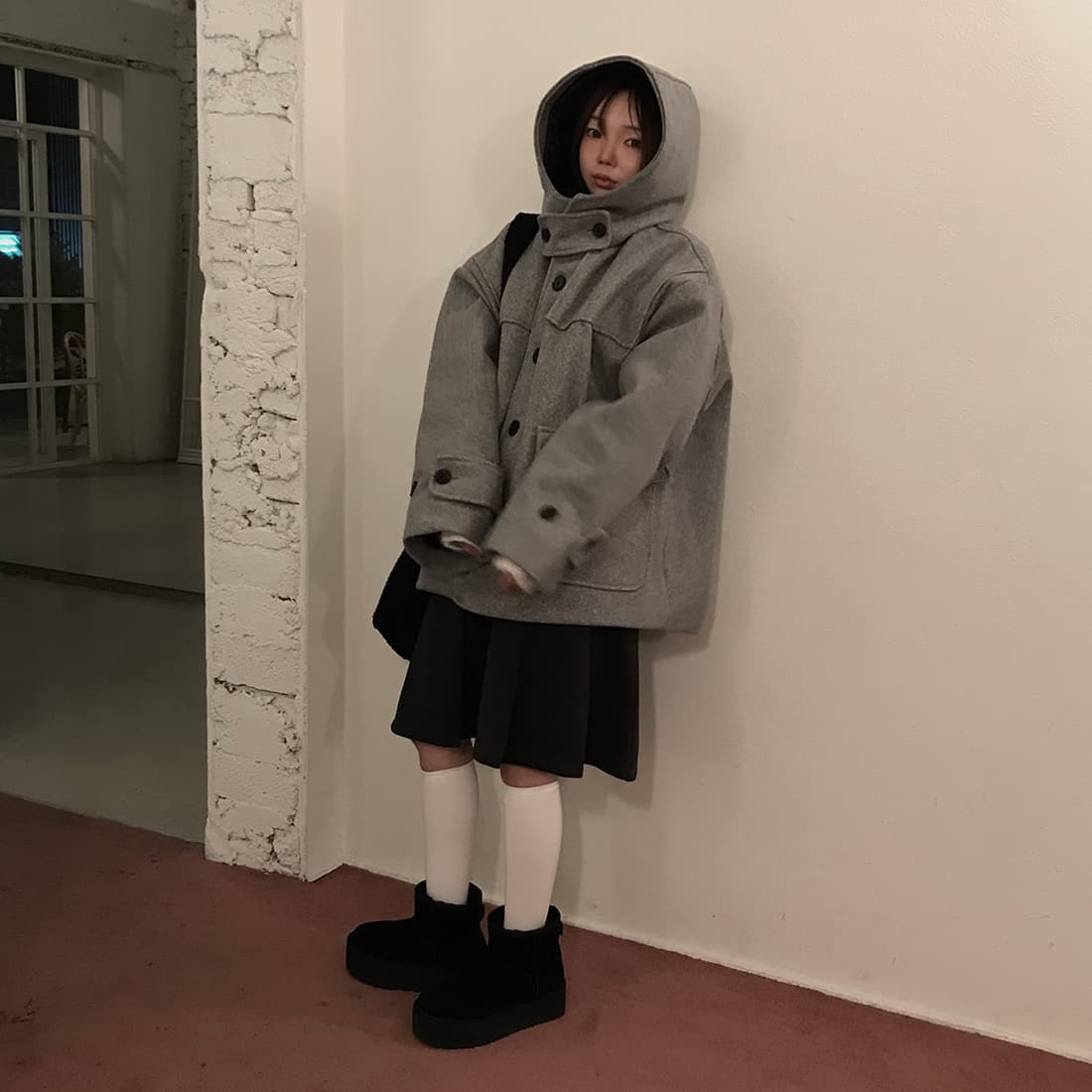 재고 있음 한국 chic 레트로 품격 캐주얼 겨울 후드 보온 빅 포켓 쇼트 스타일 코트 모직 외투 상세 이미지 27