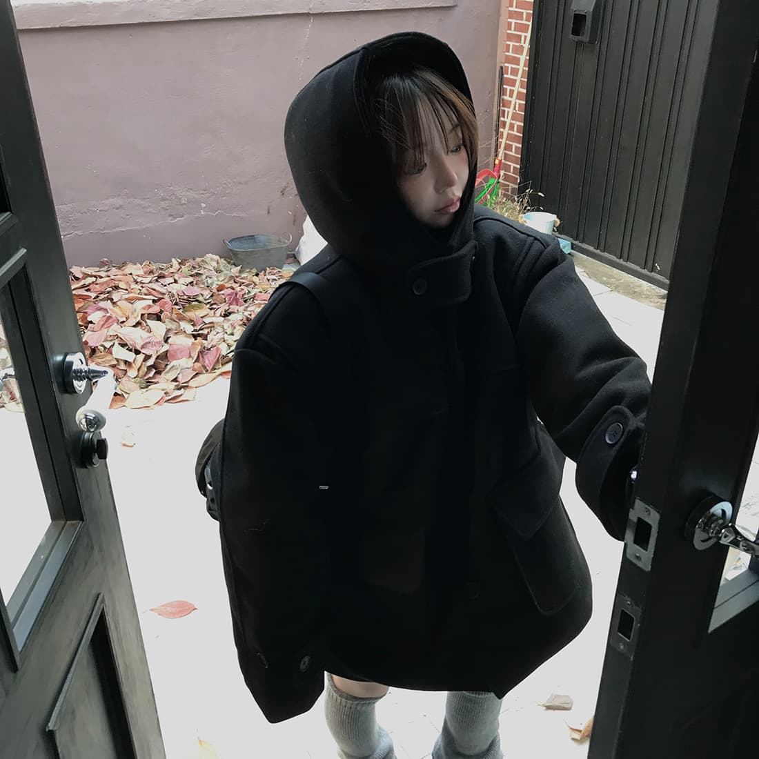 재고 있음 한국 chic 레트로 품격 캐주얼 겨울 후드 보온 빅 포켓 쇼트 스타일 코트 모직 외투 상세 이미지 36