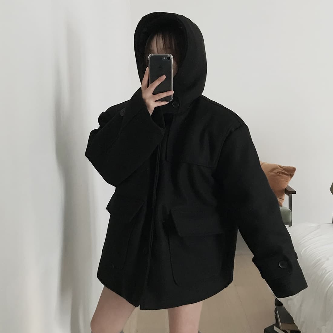 재고 있음 한국 chic 레트로 품격 캐주얼 겨울 후드 보온 빅 포켓 쇼트 스타일 코트 모직 외투 상세 이미지 44
